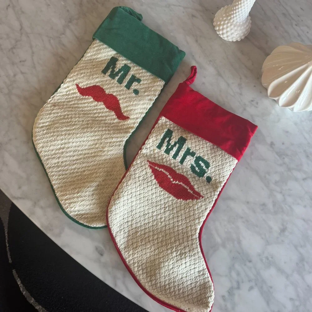 Jonathan Adler Mr. & Mrs. Embroidered Christmas Stockings Set – Velvet Back